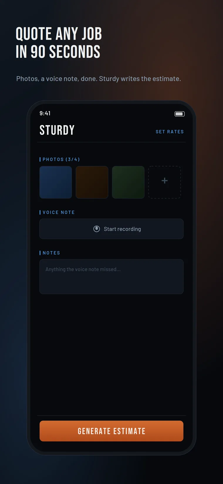 Sturdy generating a professional contractor estimate on a phone