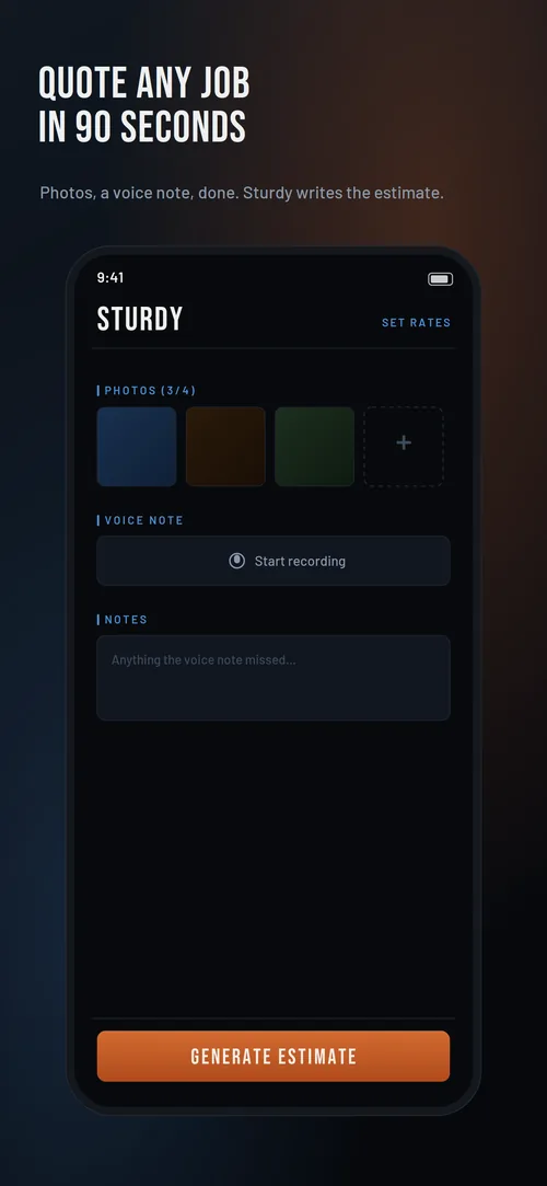Sturdy job capture screen with photo and voice input