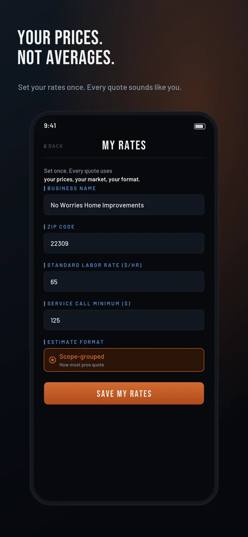 Sturdy rate card — set your own labor rate, markup, and market