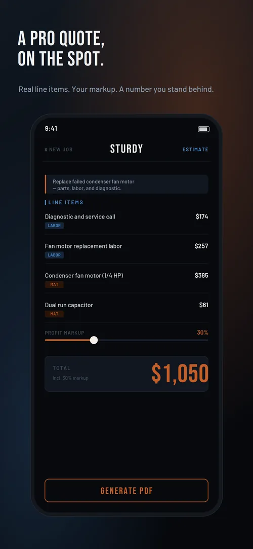 Sturdy estimate with line items, scope of work, and profit margin